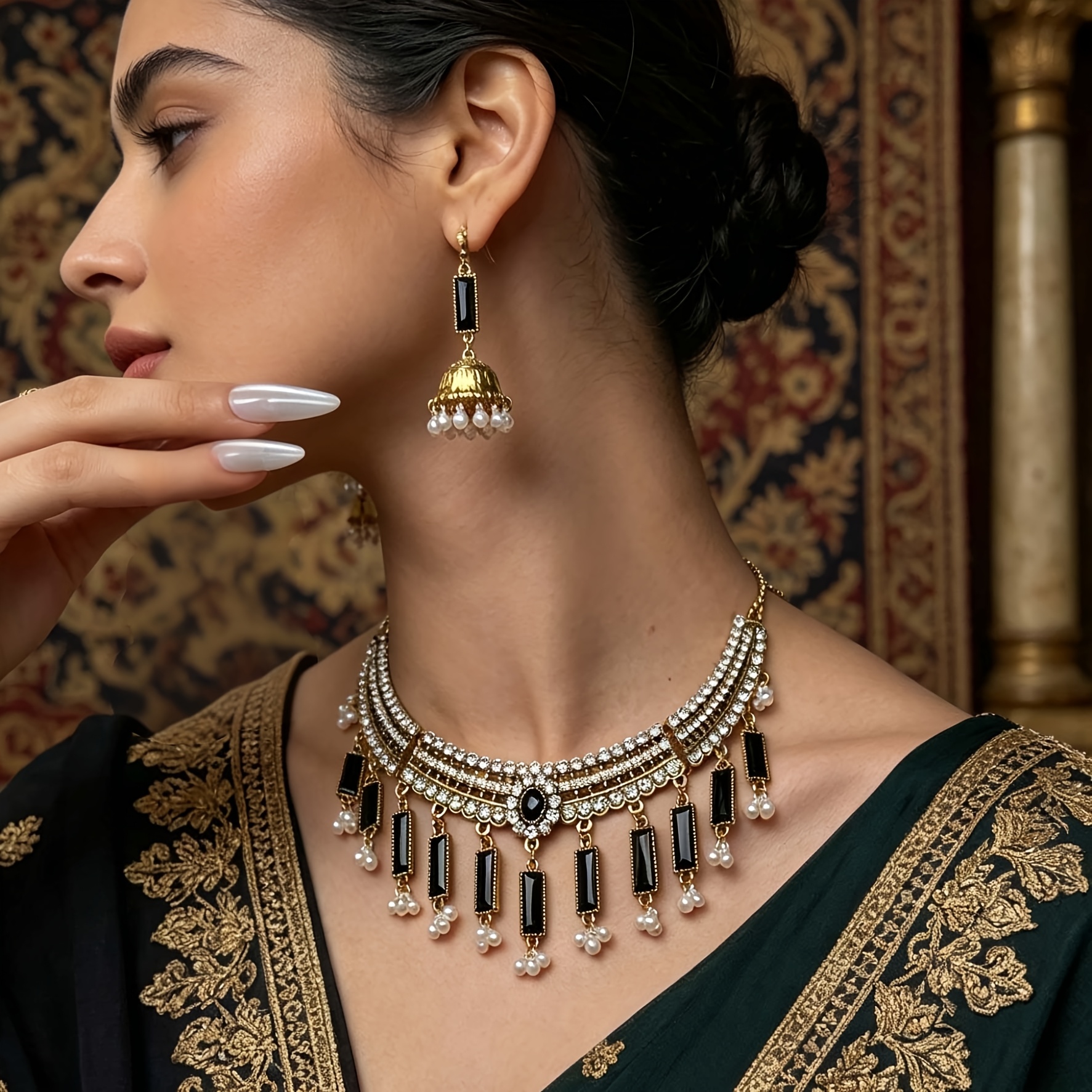 Vintage Golden Tone Black Choker & Bell Drop Earrings Set